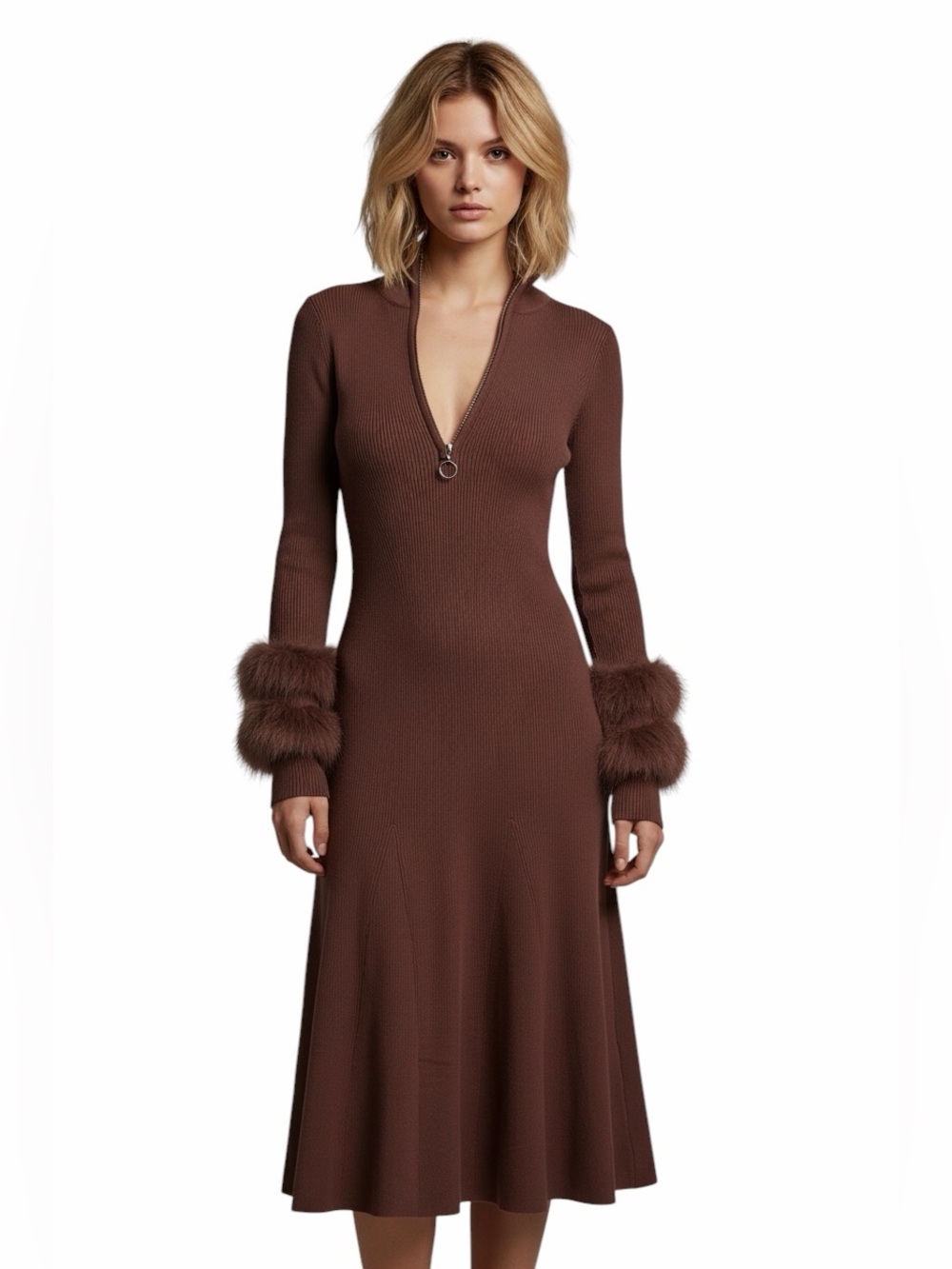 Tyler Bõe New Celia Knit Fur Sleeve Dress.